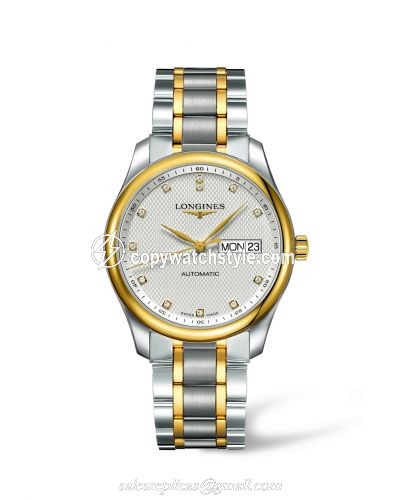 Longines Master Collection 38.5 Day-Date Stainless Steel / Yellow Gold / Silver-Diamond / Bracelet L2.755.5.77.7 Longines Master Collection 38.5 Day-Date Stainless Steel / Yellow Gold / Silver-Diamond / Bracelet L2.755.5.77.7