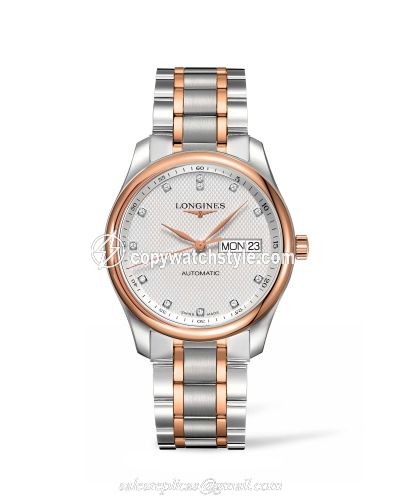 Longines Master Collection 38.5 Day Date Stainless Steel / Pink Gold / Silver-Diamond / Bracelet L2.755.5.97.7 Longines Master Collection 38.5 Day Date Stainless Steel / Pink Gold / Silver-Diamond / Bracelet L2.755.5.97.7