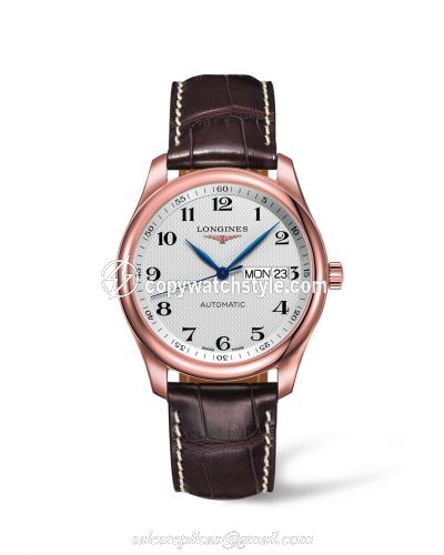 Longines Master Collection 38.5 Day Date Pink Gold / Silver-Arabic / Alligator L2.755.8.78.3