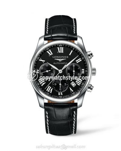Longines Master Collection 42 Chronograph Stainless Steel / Black-Roman / Alligator L2.759.4.51.7 Longines Master Collection 42 Chronograph Stainless Steel / Black-Roman / Alligator L2.759.4.51.7