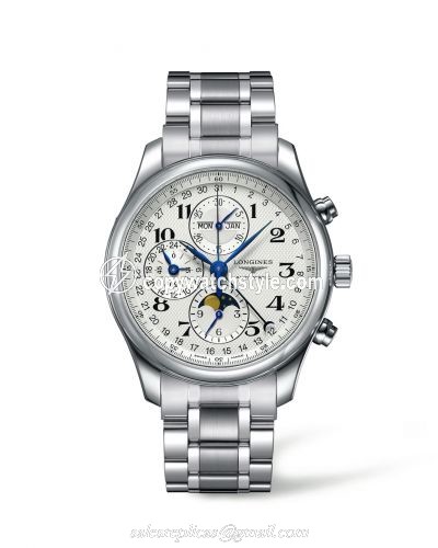 Longines Master Collection 42 Chronograph Calendar Stainless Steel / Silver-Arabic / Bracelet L2.773.4.78.6 Longines Master Collection 42 Chronograph Calendar Stainless Steel / Silver-Arabic / Bracelet L2.773.4.78.6