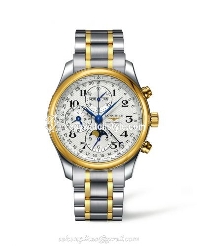 Longines Master Collection 42 Chronograph Calendar Stainless Steel / Yellow Gold / Silver-Arabic / Bracelet L2.773.5.78.7 Longines Master Collection 42 Chronograph Calendar Stainless Steel / Yellow Gold / Silver-Arabic / Bracelet L2.773.5.78.7