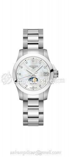 Longines Conquest 29.5 Quartz Moonphase Stainless Steel / MOP / Bracelet L3.380.4.87.6 Longines Conquest 29.5 Quartz Moonphase Stainless Steel / MOP / Bracelet L3.380.4.87.6