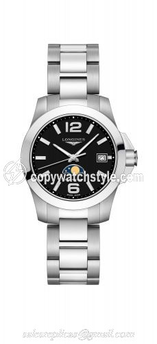 Longines Conquest 34 Quartz Moonphase Stainless Steel / Black / Bracelet L3.381.4.58.6 Longines Conquest 34 Quartz Moonphase Stainless Steel / Black / Bracelet L3.381.4.58.6