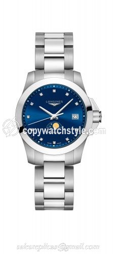 Longines Conquest 34 Quartz Moonphase Stainless Steel / Blue / Bracelet L3.381.4.97.6 Longines Conquest 34 Quartz Moonphase Stainless Steel / Blue / Bracelet L3.381.4.97.6
