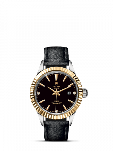 Tudor Style 28 Stainless Steel / Yellow Gold / Fluted / Black-Diamond / Strap M12113-0024