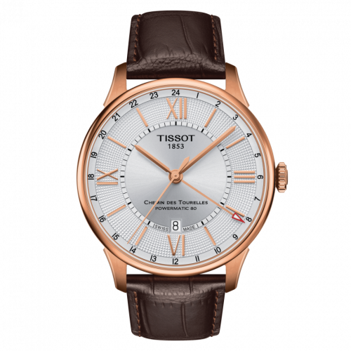 Tissot Chemin Des Tourelles Powermatic 80 GMT 42 Rose Gold PVD / Silver / Strap T099.429.36.038.00 Tissot Chemin Des Tourelles Powermatic 80 GMT 42 Rose Gold PVD / Silver / Strap T099.429.36.038.00