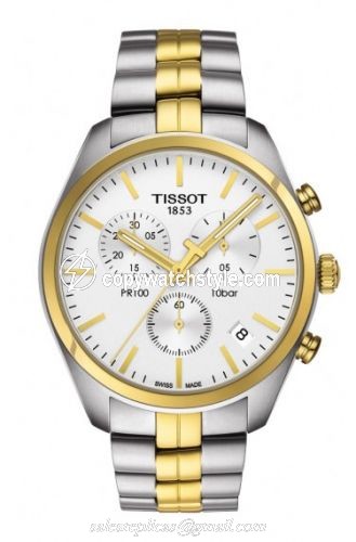 Tissot PR 100 Chronograph Quartz 41 Stainless Steel / Yellow Gold PVD / Silver / Bracelet T101.417.22.031.00 Tissot PR 100 Chronograph Quartz 41 Stainless Steel / Yellow Gold PVD / Silver / Bracelet T101.417.22.031.00